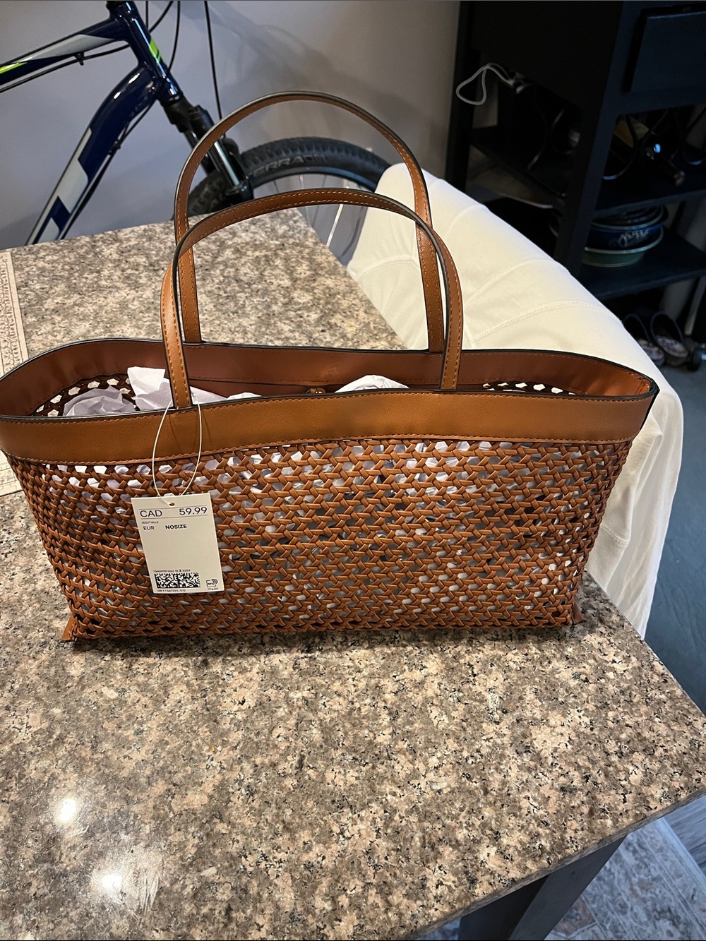 H&M Woven Brown Tote Bag with Leather-Trim Handles